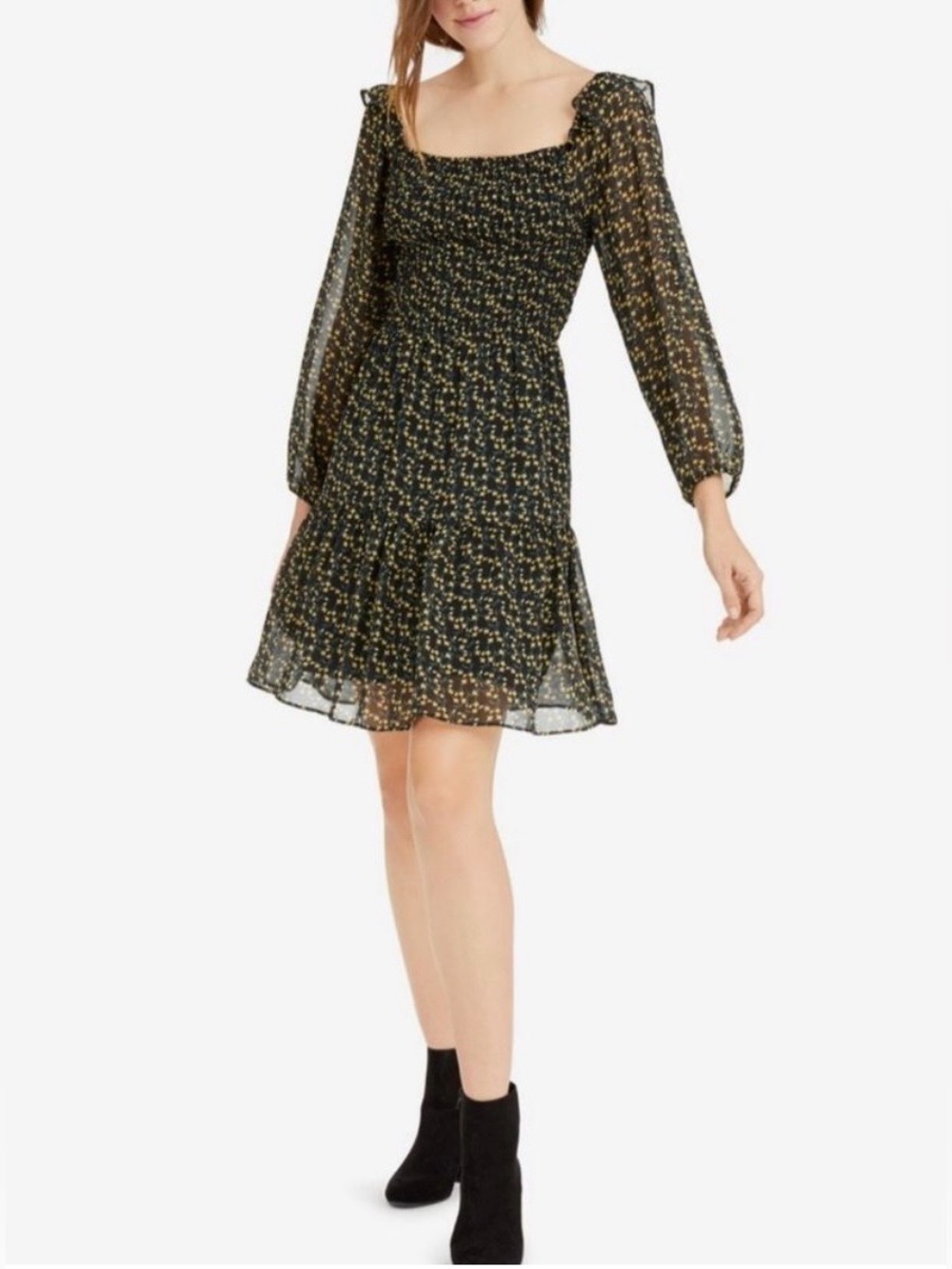 Sam Edelman Black Floral Smocked Square-Neck Tiered Dress Size 2